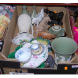 A box containing a collection of various ceramics, to include a Wedgwood green jasper vase, a Nao