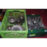 Two boxes of metalware, to include pewter tankards, plated teawares etc