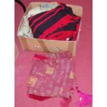 A box of miscellaneous textiles, to include large floral embroidered panel, curtain ties