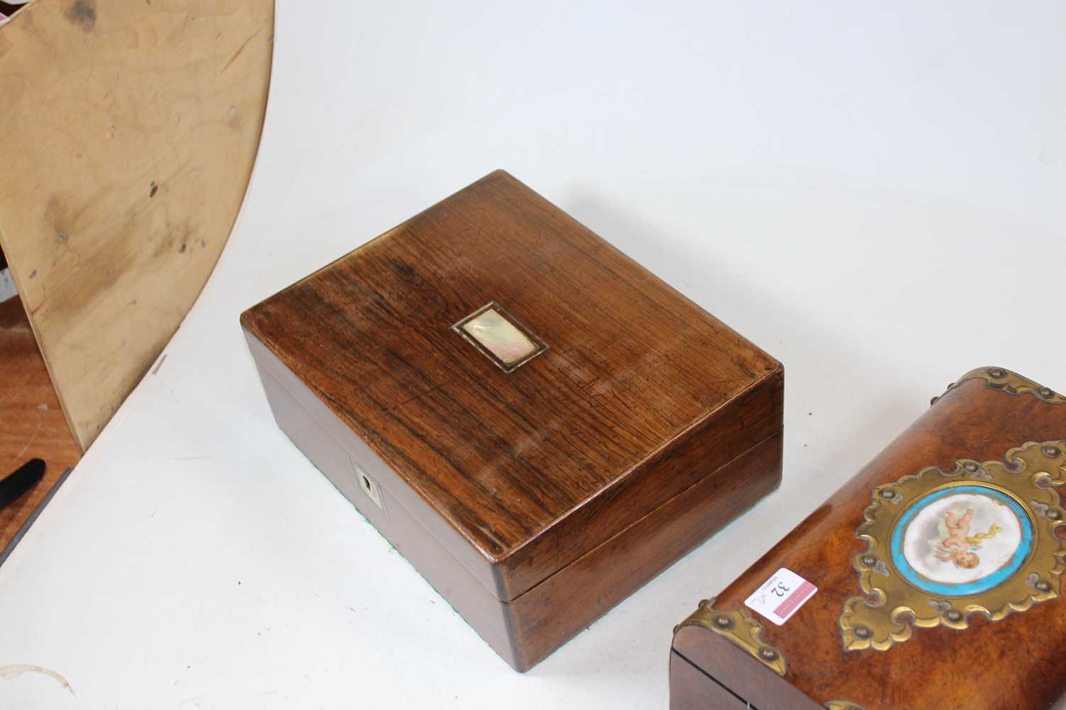 A Victorian walnut and brass mounted box, the hinged lid inset with an oval porcelain plaque - Image 7 of 19