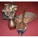 A collection of miscellaneous metalware, to include a large copper bed-warmer, copper helmet