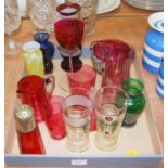 A small collection of miscellaneous glassware, to include a Victorian cranberry beaker, with Mary