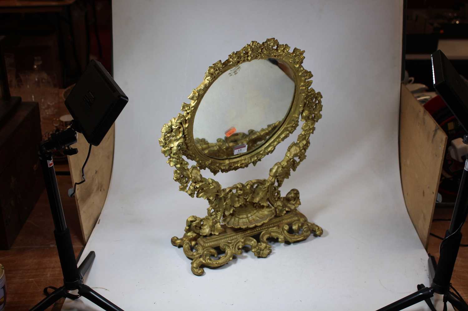 A 19th century gilt metal swing framed toiletry mirror, with scrolled and foliate decoration, h. - Image 8 of 8