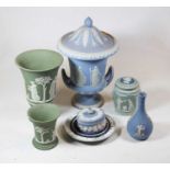 A collection of Wedgwood blue and green jasper ware, to include a compagna shaped lidded urn, h.