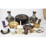 A collection of miscellaneous items to include a pair of Japanese cloisonne vases, lacquered trinket
