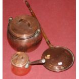 A large 19th century copper range pan and cover, of squat circular form, having iron swing handle;