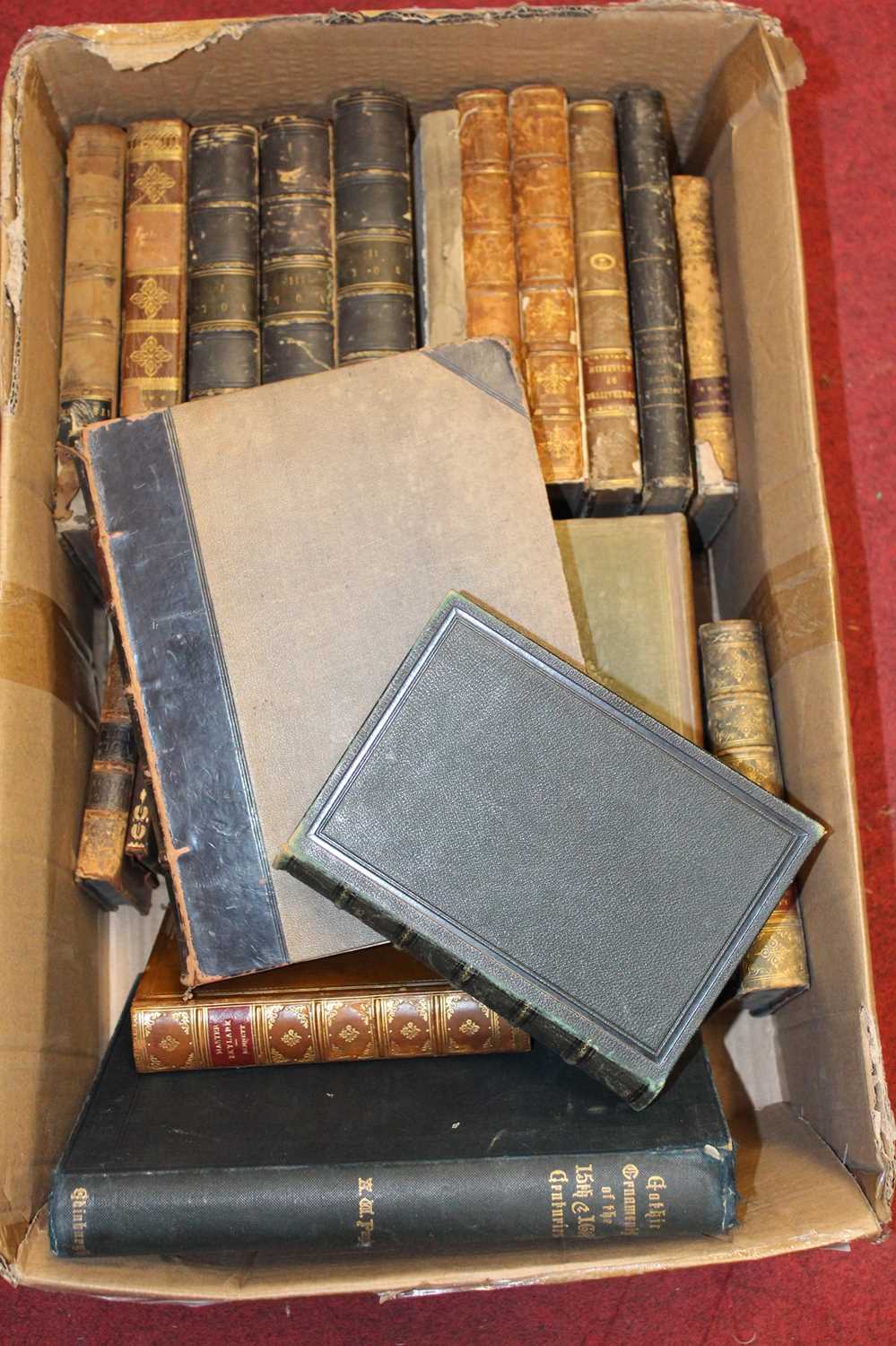 A box of 18th century and later leather bindings, to include The British Sportsman or Noble