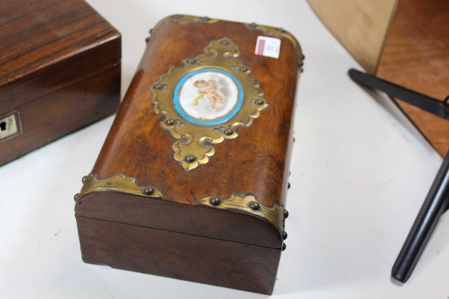 A Victorian walnut and brass mounted box, the hinged lid inset with an oval porcelain plaque - Image 4 of 19