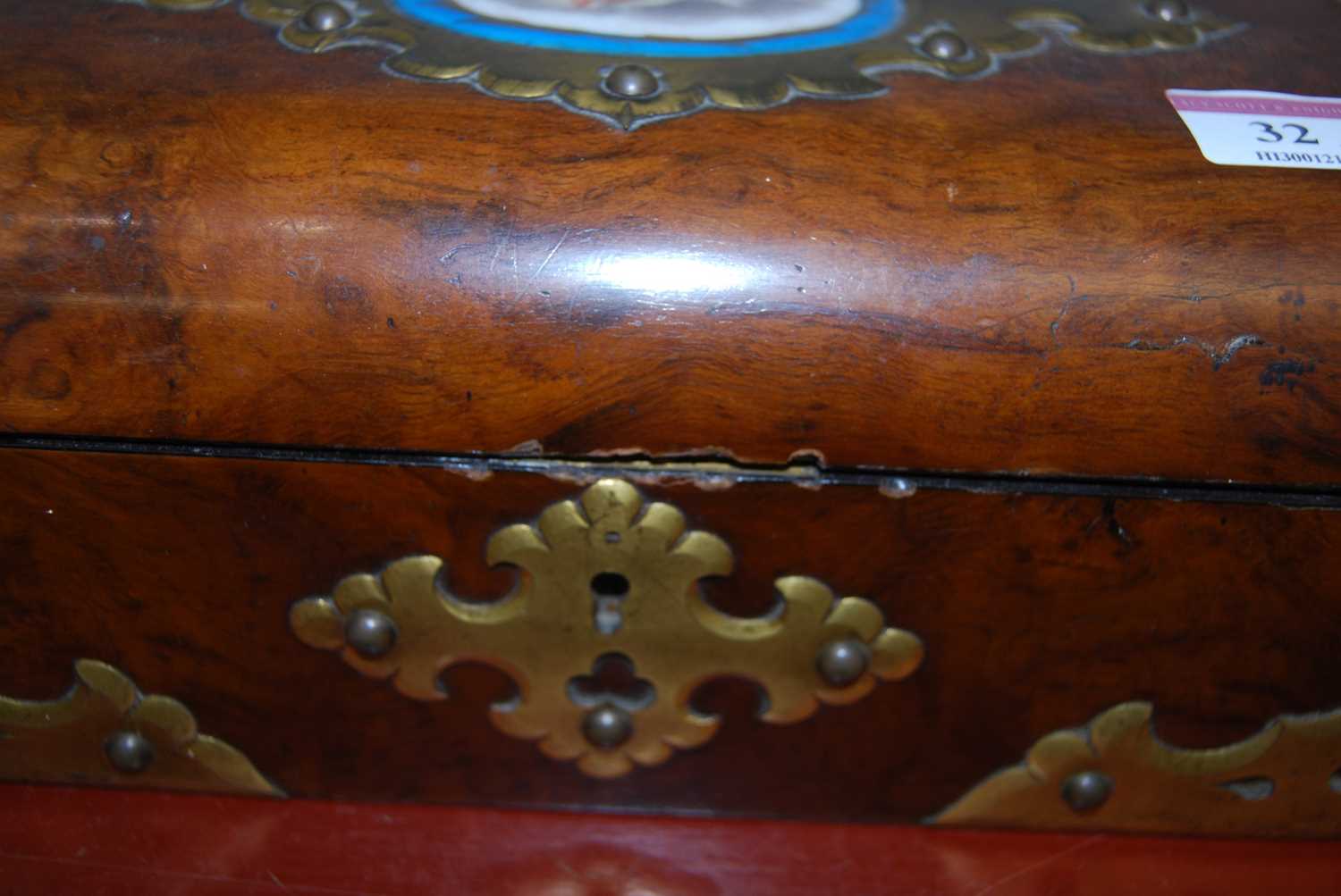 A Victorian walnut and brass mounted box, the hinged lid inset with an oval porcelain plaque - Image 9 of 19