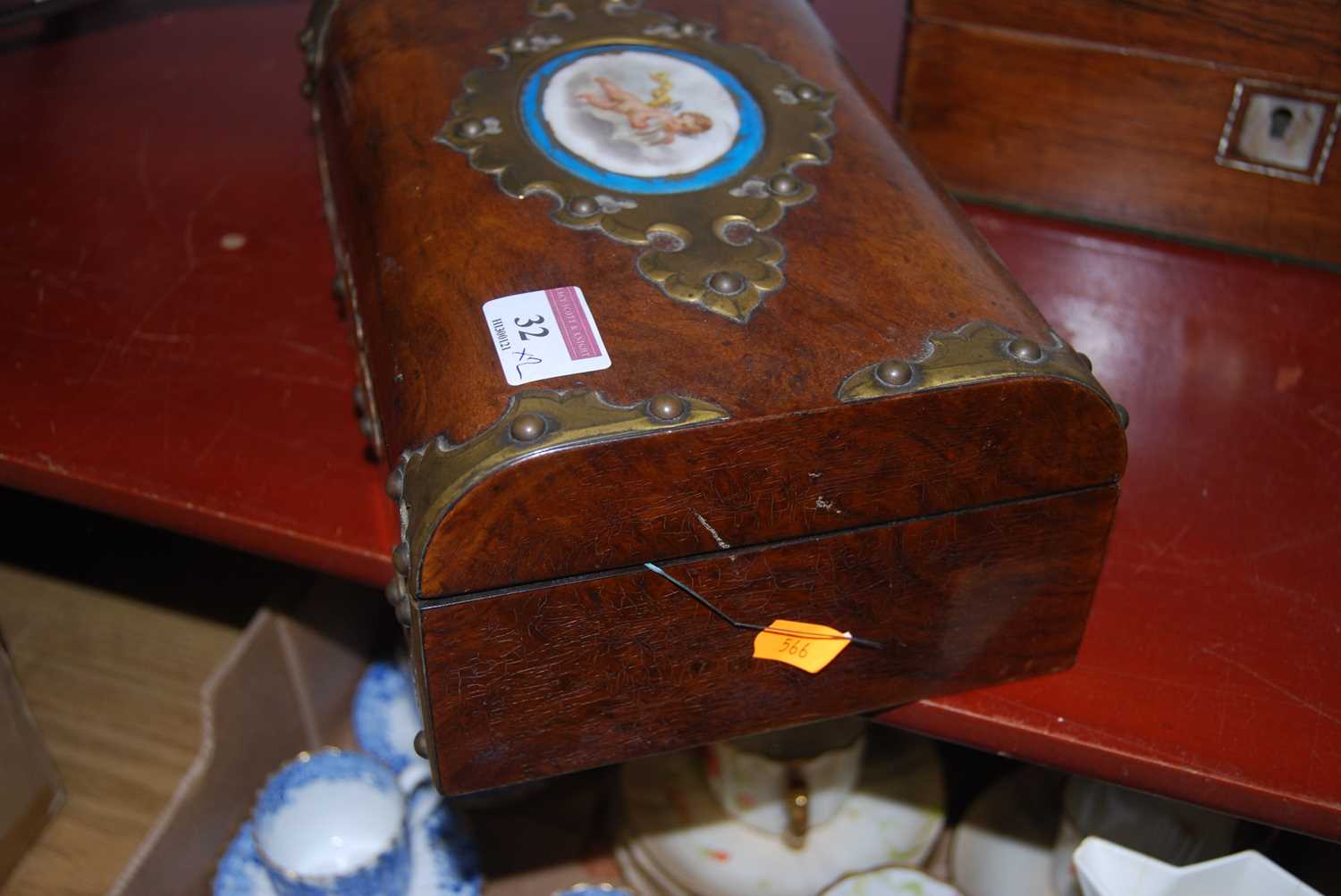 A Victorian walnut and brass mounted box, the hinged lid inset with an oval porcelain plaque - Image 11 of 19