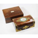 A Victorian walnut and brass mounted box, the hinged lid inset with an oval porcelain plaque