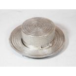 A Victorian silver plated butter dish, in the form of a straw boater, having glass liner and diamond