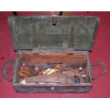 A stained pine tool chest and contents, to include various woodworking planes, chisels etc