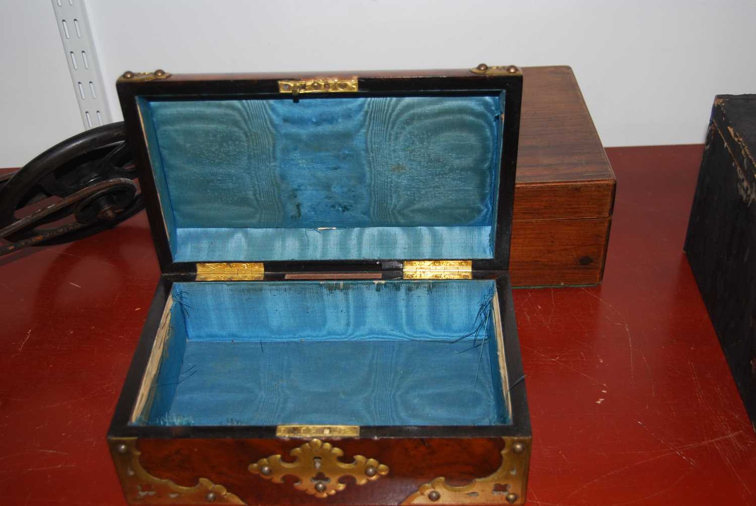 A Victorian walnut and brass mounted box, the hinged lid inset with an oval porcelain plaque - Image 13 of 19