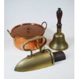 A box of miscellaneous metalware, to include copper helmet shaped scuttle, warming pan etc