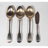 A set of three Victorian silver serving spoons, in the Fiddle pattern; together with a silver fish