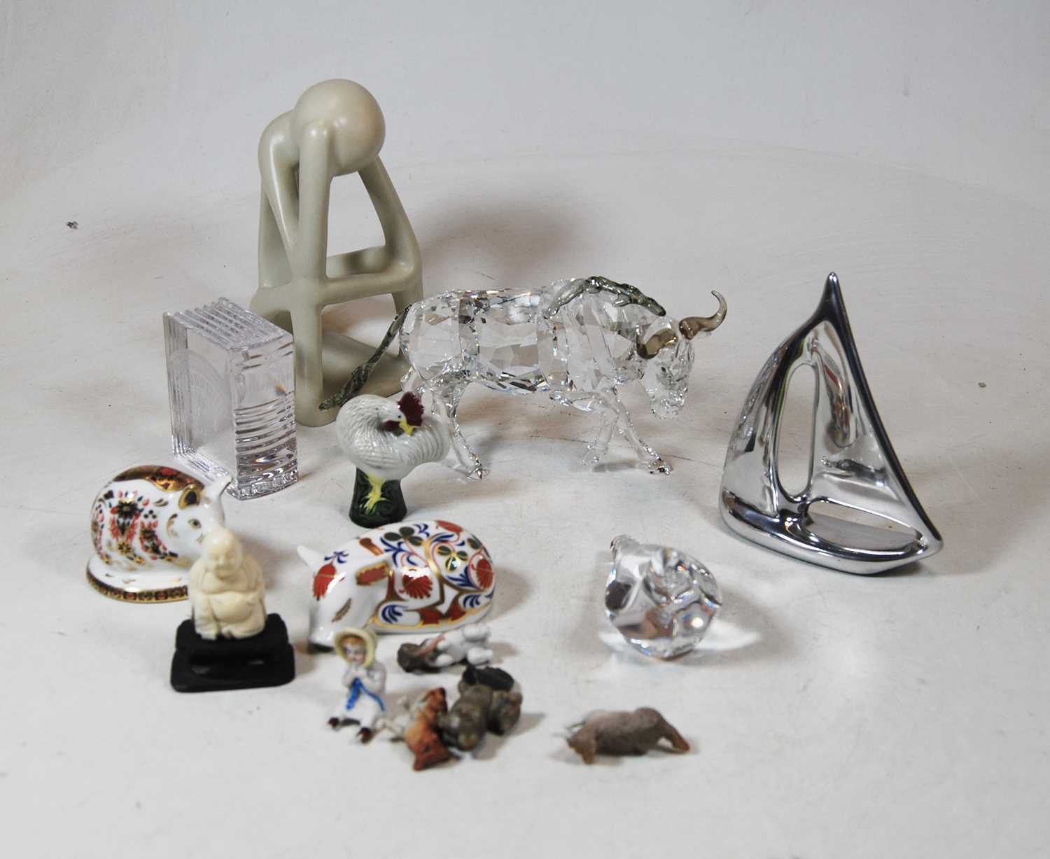 A small collection of miscellaneous items, to include Royal Crown Derby desk ornaments in the form