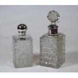 An early 20th century hobnail cut glass scent bottle with silver collar and glass stopper;