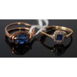 An Art Deco 9ct gold, blue and white sapphire dress ring, size L/M; together with a gilt metal and