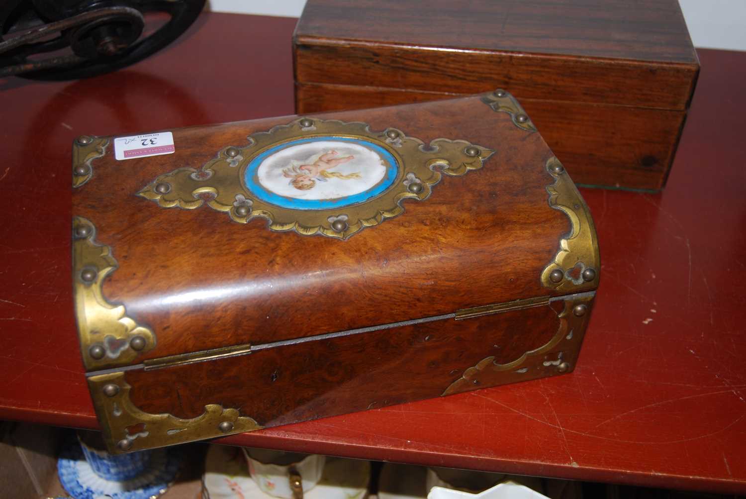 A Victorian walnut and brass mounted box, the hinged lid inset with an oval porcelain plaque - Image 12 of 19