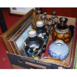 Mixed lot, to include ceramic vases, two metal three-light candelabra, two oils etc