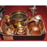 A box of miscellaneous metalware, to include copper jardinière, copper jugs, range kettle etc