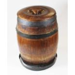 A brass coopered oak barrel, with turned elm lid, h.35cm