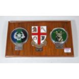 A set of three chrome and enamelled car badges, to include Royal College of Veterinary Surgeons,