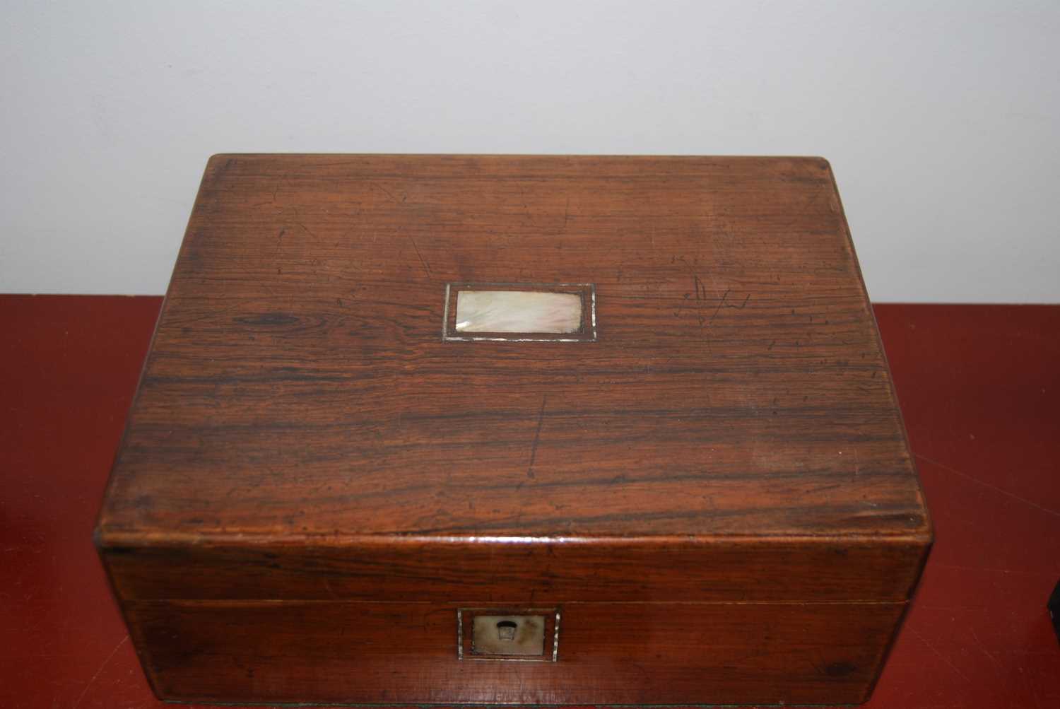 A Victorian walnut and brass mounted box, the hinged lid inset with an oval porcelain plaque - Image 14 of 19