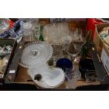Two boxes of miscellaneous glassware, to include Venetian folded glass table bowl, decanter and