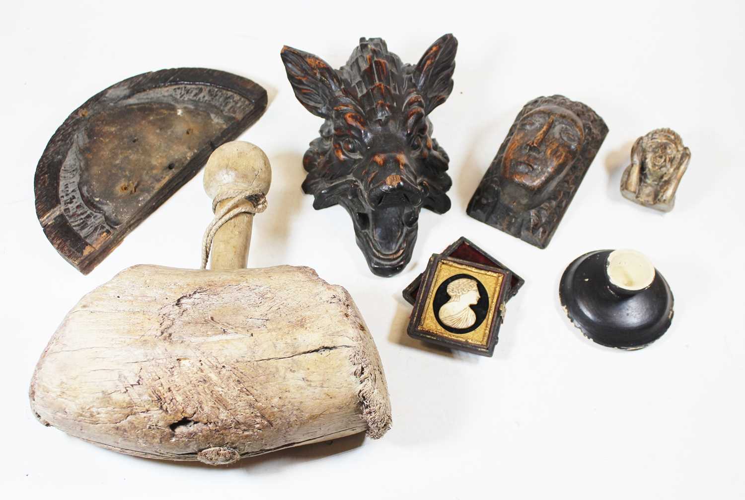 A collection of various items, to include a 19th century carved oak boar's mask, carved oak