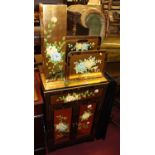 Contemporary Oriental black lacquered and floral gilt occasional furniture to include; double door