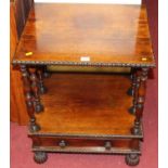 An early Victorian rosewood two-tier whatnot, having single lower drawer on bulbous reeded