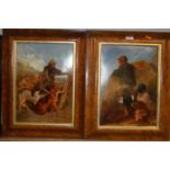 A pair of 19th century prints, each being later over-painted, depicting huntsmen and hounds in a