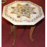 A white marble and floral hardstone inset octagonal top low occasional table, raised on beech