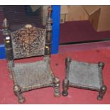 An African floral relief carved hardwood and woven wicker tribal low chair with matching stool (2)