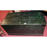 A 19th century and later green painted planked pine hinge top tool chest, width 92cm