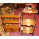 A Victorian figured walnut and inlaid three-tier galleried whatnot, together with an Edwardian oak