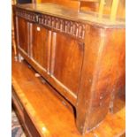A 17th century joined oak three panelled hinge top coffer, width 119cm