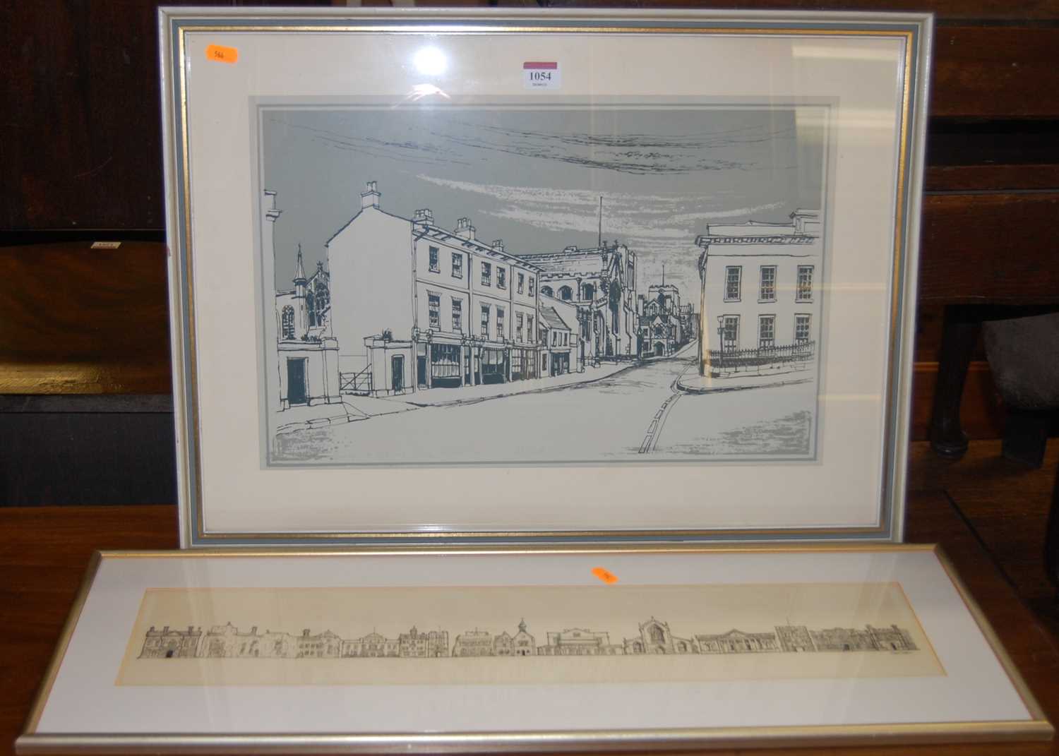 John Clibbon - Bury St Edmunds panorama, ink study, 12 x 61cm; and Peter Wagon - Crown Street,