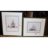Rowland Langmaid (1897-1956) - Harbour scene, etching, 22 x 17cm; and an engraving of the Battleship