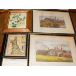 Assorted pictures and prints, to include small engraved county map of Cornwall, landscape