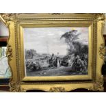 A 19th century steel engraving depicting Bacchanalian Courtship Scene within a landscape, 47 x 62cm,