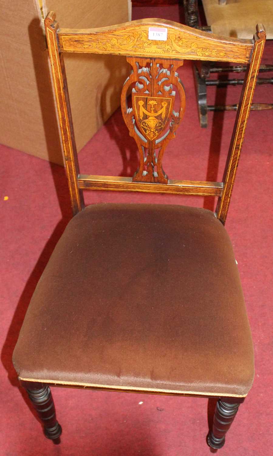 A pair of Edwardian rosewood and floral satinwood inlaid salon side chairs