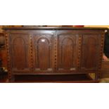 An 18th century joined oak four panelled hinge top coffer, width 111cmCondition report: Height 61cm,