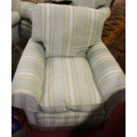 A contemporary striped silk damask upholstered three piece suite comprising; three seater sofa and