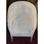 Three various painted Lloyd Loom wicker tub conservatory chairs