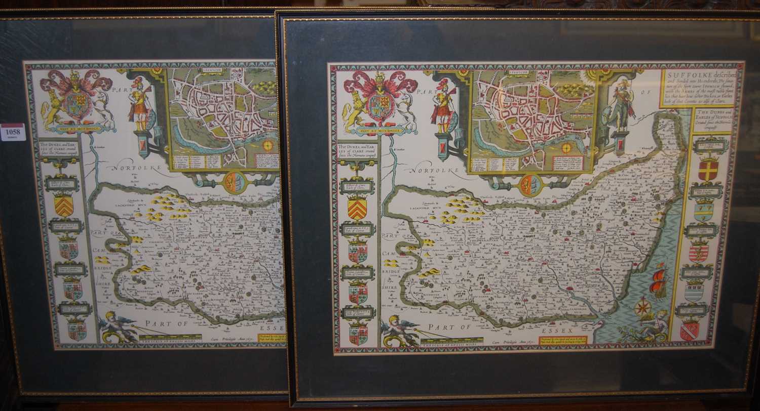 After John Speed - a pair of reproduction County maps of Suffolk, colour lithographs, 38 x 52cm