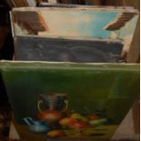 A box of assorted pictures and prints, to include still life oil on canvas