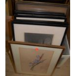 A box of assorted pictures and prints, to include continental monochrome engravings